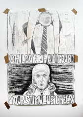 Cheque-Mate-Joe-2021-140-x100cm-pencil-charcoal-red-wine-coffee-gum-tape-on-snowden-300gsm-cartridge Cheque-Mate-Joe-2021-140-x100cm-pencil-charcoal-red-wine-coffee-gum-tape-on-snowden-300gsm-cartridge